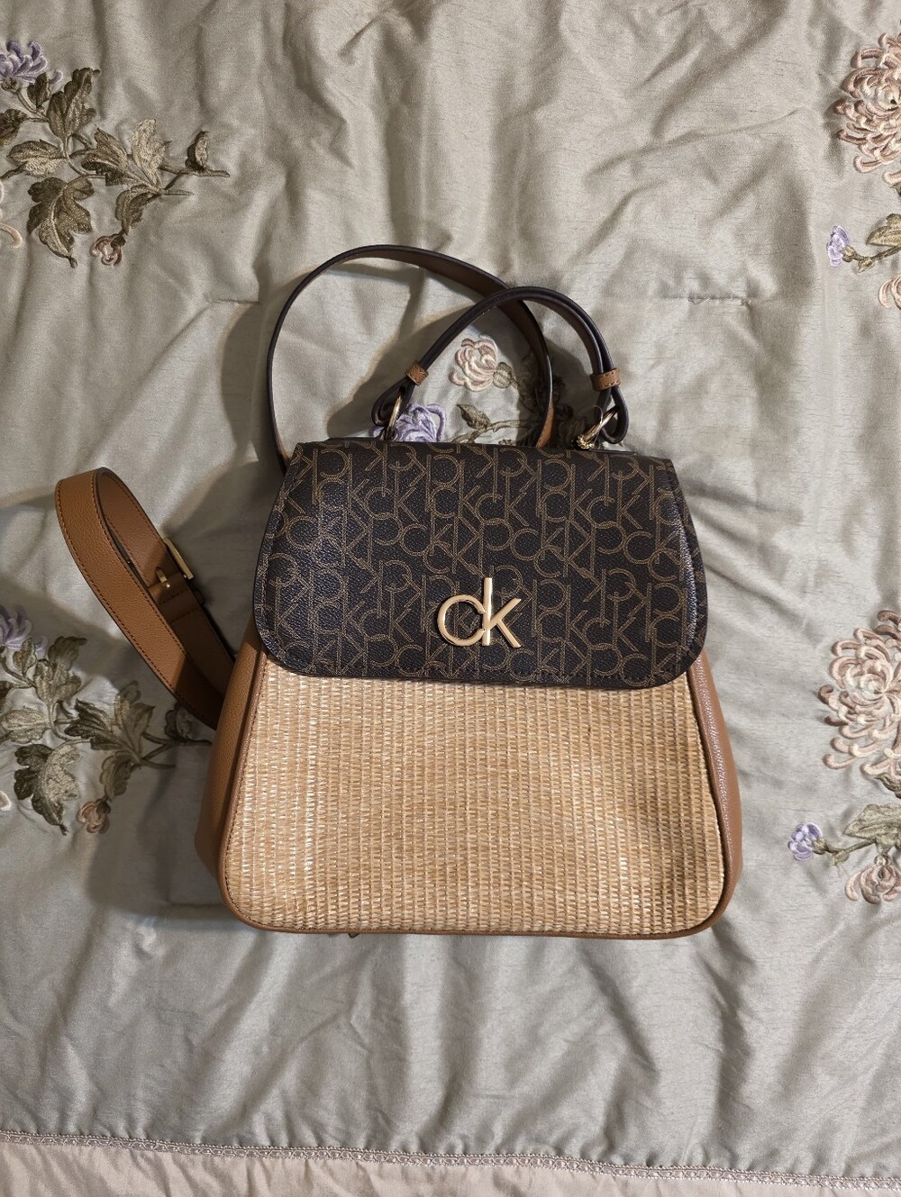 NWOT Calvin Klein Brown and Tan Woven Backpack Satchel with CK Logo